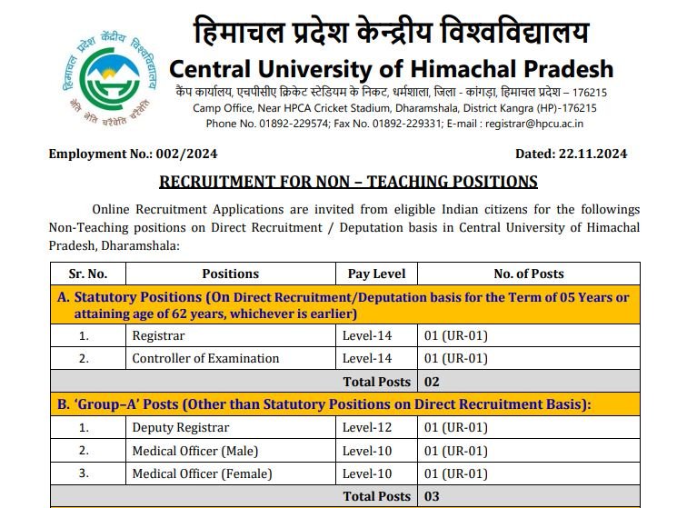 HPCU Non Teaching Vacancy 2024 : हिमाचल सेंट्रल यूनिवर्सिटी ने निकाली 26 पदों पर भर्ती, 10वीं पास भी कर सकते है आवेदन HPCU Non Teaching Vacancy 2024 : हिमाचल सेंट्रल यूनिवर्सिटी ने निकली 26 पदों पर भर्ती, 10वीं पास भी कर सकता है आवेदन
