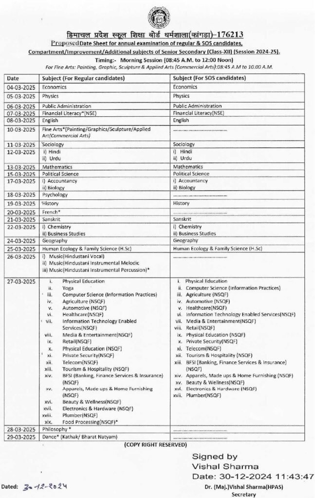 HP Board 12th Date Sheet March 2025