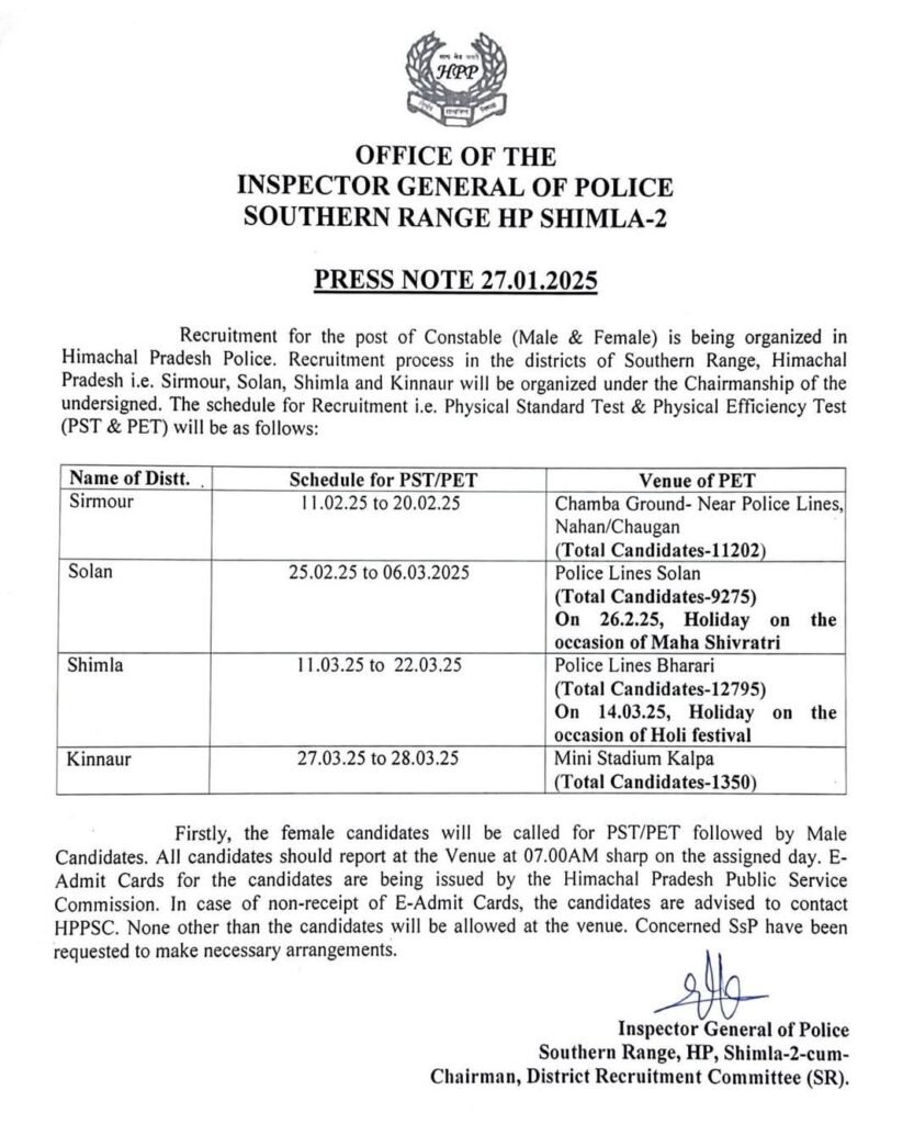 HP Police Constable Admit Card 2025 Download Hall Ticket, Check Physical Exam Date etc...