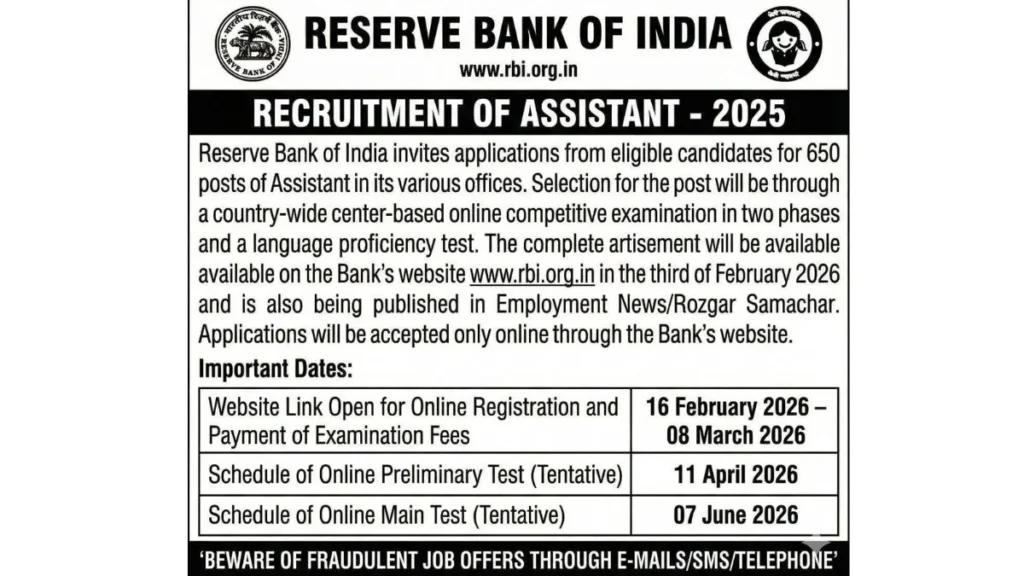 RBI Assistant Recruitment 2026 Notification Out Apply Now @rbi.org.in For 650 Vacancies RBI Assistant Recruitment 2026 Notification Out Apply Now @rbi.org.in For 650 Vacancies