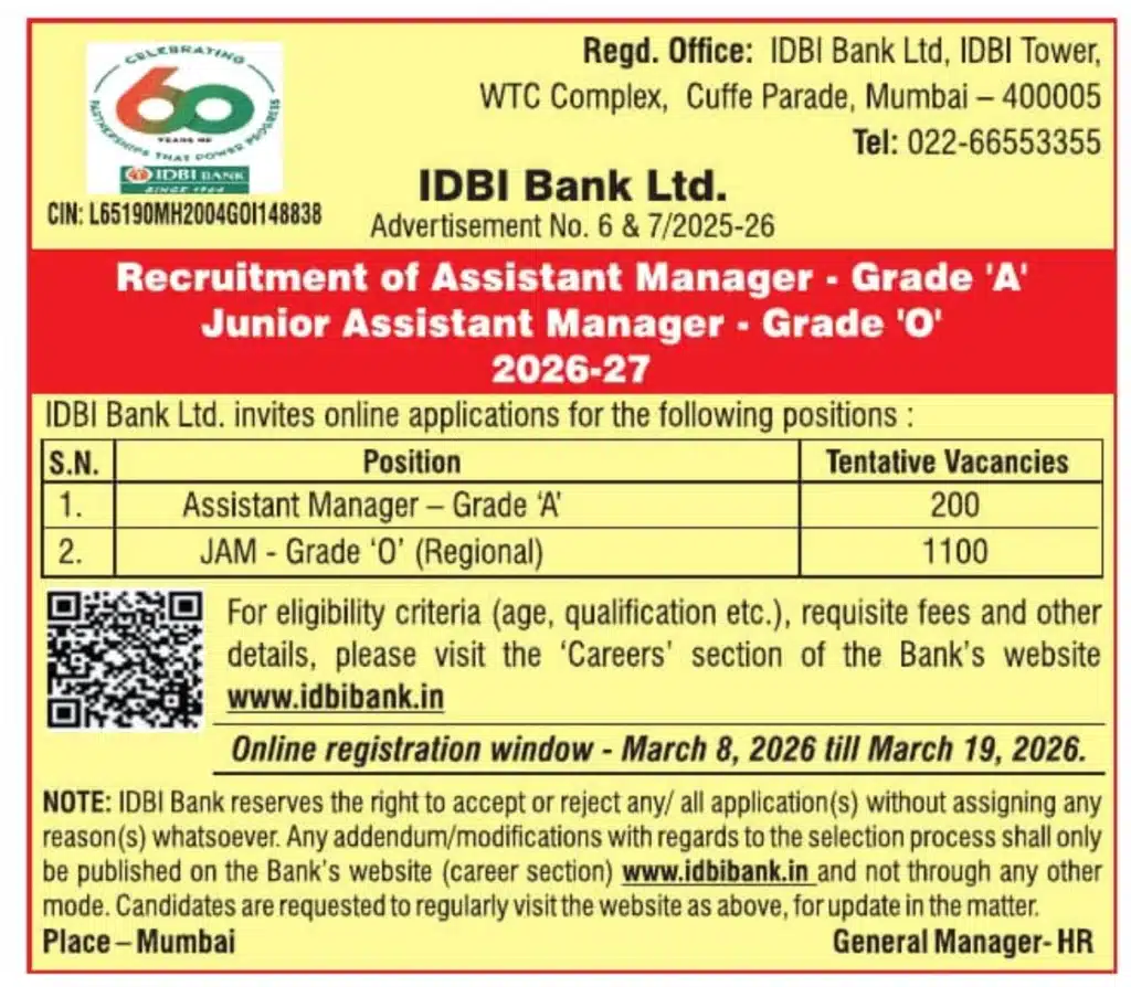 IDBI Bank JAM Recruitment 2026 Apply Now for 1100 Junior Assistant Manager Posts