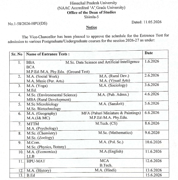 HPU PG Entrance Test Schedule 2026-27 Download Schedule pdf