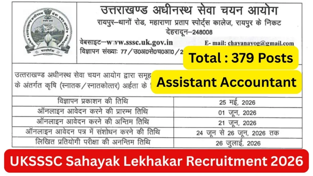 UKSSSC Sahayak Lekhakar Recruitment 2026 Notification Out for 379 Posts, Apply now UKSSSC Sahayak Lekhakar Recruitment 2026